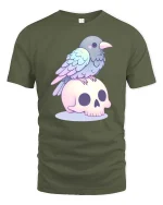 Cute Raven Skull Pastel Gothic Aesthetic Kawaii Tshirt - military green t-shirt on white background