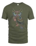 Colorful Floral Owl Folk Art Boho Nature Aesthetic Tshirt - military green t-shirt on white background