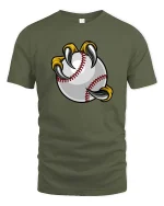 Baseball Claw Grip Funny Sports Fan Cartoon Graphic Tshirt - military green t-shirt on white background