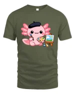 Cute Axolotl Artist Painting Kawaii Cartoon Creative Tshirt - military green t-shirt on white background