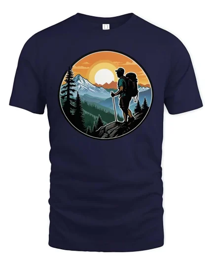 Mountain Hiking Adventure Sunset Nature Explorer Graphic Tshirt - navy t-shirt on white background