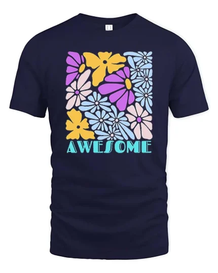 Awesome Colorful Flower Retro Aesthetic Positive Vibes Tshirt - navy t-shirt on white background