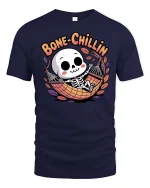 Bone Chillin Funny Skeleton Hammock Relax Cartoon Tshirt - navy t-shirt on white background
