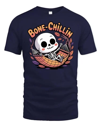 Bone Chillin Funny Skeleton Hammock Relax Cartoon Tshirt - navy t-shirt on white background