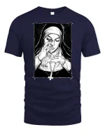 Dark Nun Smoking Gothic Art Black White Vintage Style Tshirt - navy t-shirt on white background