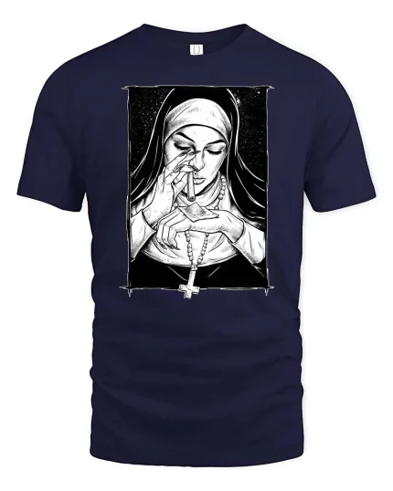 Dark Nun Smoking Gothic Art Black White Vintage Style Tshirt - navy t-shirt on white background
