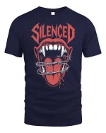 Silenced Mouth Barbed Wire Dark Horror Graphic Tshirt - navy t-shirt on white background