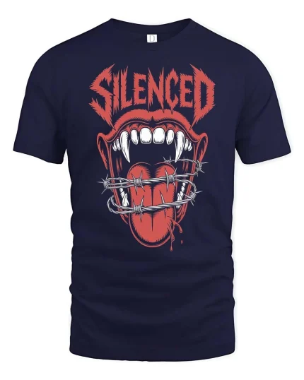 Silenced Mouth Barbed Wire Dark Horror Graphic Tshirt - navy t-shirt on white background