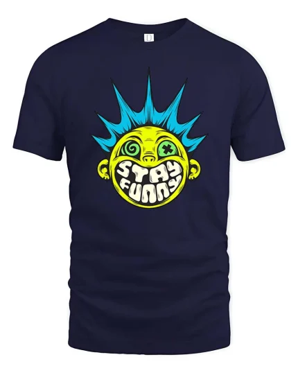 Stay Funny Punk Smile Face Retro Street Art Graphic Tshirt - navy t-shirt on white background