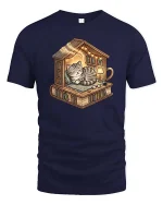 Cozy Cat Library Bookshelf Reading Nook Cute Tshirt - navy t-shirt on white background