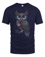 Colorful Floral Owl Folk Art Boho Nature Aesthetic Tshirt - navy t-shirt on white background