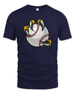 Baseball Claw Grip Funny Sports Fan Cartoon Graphic Tshirt - navy t-shirt on white background