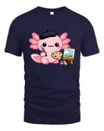 Cute Axolotl Artist Painting Kawaii Cartoon Creative Tshirt - navy t-shirt on white background