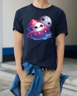 Cute Moon Cloud Galaxy Friends Kawaii Space Tshirt - model wearing navy tee with hands in pockets