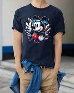 Cute Space Mouse Rocket Galaxy Cartoon Adventure Tshirt - model wearing navy tee with hands in pockets