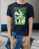 Irie Days Vintage Style Relaxed Vibes Retro Graphic Tshirt - model wearing navy tee with hands in pockets
