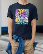 Awesome Colorful Flower Retro Aesthetic Positive Vibes Tshirt - model wearing navy tee with hands in pockets