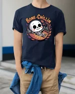 Bone Chillin Funny Skeleton Hammock Relax Cartoon Tshirt - model wearing navy tee with hands in pockets