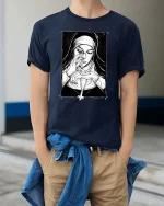 Dark Nun Smoking Gothic Art Black White Vintage Style Tshirt - model wearing navy tee with hands in pockets