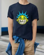 Stay Funny Punk Smile Face Retro Street Art Graphic Tshirt - model wearing navy tee with hands in pockets