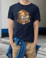 Cozy Cat Library Bookshelf Reading Nook Cute Tshirt - model wearing navy tee with hands in pockets