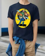 Zombies Retro Cartoon Horror Humor Street Art Graphic Tshirt - model wearing navy tee with hands in pockets