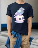 Cute Raven Skull Pastel Gothic Aesthetic Kawaii Tshirt - model wearing navy tee with hands in pockets