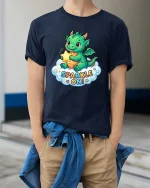 Cute Dragon Sparkle On Cartoon Fantasy Kawaii Tshirt - model wearing navy tee with hands in pockets