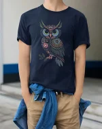 Colorful Floral Owl Folk Art Boho Nature Aesthetic Tshirt - model wearing navy tee with hands in pockets