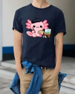 Cute Axolotl Artist Painting Kawaii Cartoon Creative Tshirt - model wearing navy tee with hands in pockets