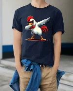 Funny Dabbing Chicken Cool Sunglasses Dance Cartoon Tshirt - model wearing navy tee with hands in pockets