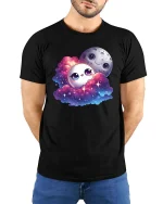 Cute Moon Cloud Galaxy Friends Kawaii Space Tshirt - model wearing black tee with hands behind back