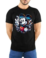 Cute Space Mouse Rocket Galaxy Cartoon Adventure Tshirt - model wearing black tee with hands behind back