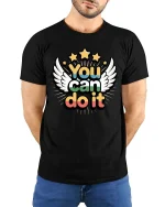 You Can Do It Motivational Wings Stars Positive Quote Tshirt - model wearing black tee with hands behind back