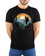 Mountain Hiking Adventure Sunset Nature Explorer Graphic Tshirt - model wearing black tee with hands behind back