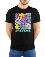 Awesome Colorful Flower Retro Aesthetic Positive Vibes Tshirt - model wearing black tee with hands behind back