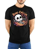 Bone Chillin Funny Skeleton Hammock Relax Cartoon Tshirt - model wearing black tee with hands behind back