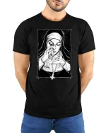 Dark Nun Smoking Gothic Art Black White Vintage Style Tshirt - model wearing black tee with hands behind back