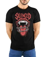 Silenced Mouth Barbed Wire Dark Horror Graphic Tshirt - model wearing black tee with hands behind back
