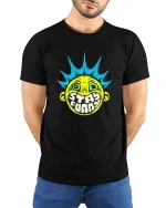 Stay Funny Punk Smile Face Retro Street Art Graphic Tshirt - model wearing black tee with hands behind back