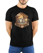 Cozy Cat Library Bookshelf Reading Nook Cute Tshirt - model wearing black tee with hands behind back