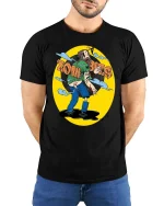 Zombies Retro Cartoon Horror Humor Street Art Graphic Tshirt - model wearing black tee with hands behind back