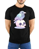 Cute Raven Skull Pastel Gothic Aesthetic Kawaii Tshirt - model wearing black tee with hands behind back