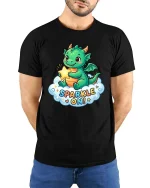 Cute Dragon Sparkle On Cartoon Fantasy Kawaii Tshirt - model wearing black tee with hands behind back