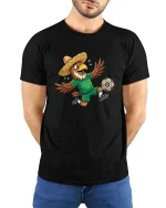 Funny Eagle Soccer Player Mexico Fan Cartoon Tshirt - model wearing black tee with hands behind back