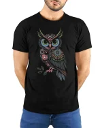 Colorful Floral Owl Folk Art Boho Nature Aesthetic Tshirt - model wearing black tee with hands behind back