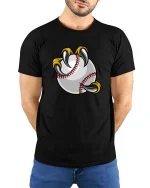 Baseball Claw Grip Funny Sports Fan Cartoon Graphic Tshirt - model wearing black tee with hands behind back