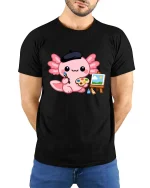 Cute Axolotl Artist Painting Kawaii Cartoon Creative Tshirt - model wearing black tee with hands behind back