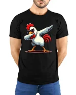 Funny Dabbing Chicken Cool Sunglasses Dance Cartoon Tshirt - model wearing black tee with hands behind back