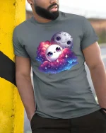 Cute Moon Cloud Galaxy Friends Kawaii Space Tshirt - model wearing grey tee, leaning on column